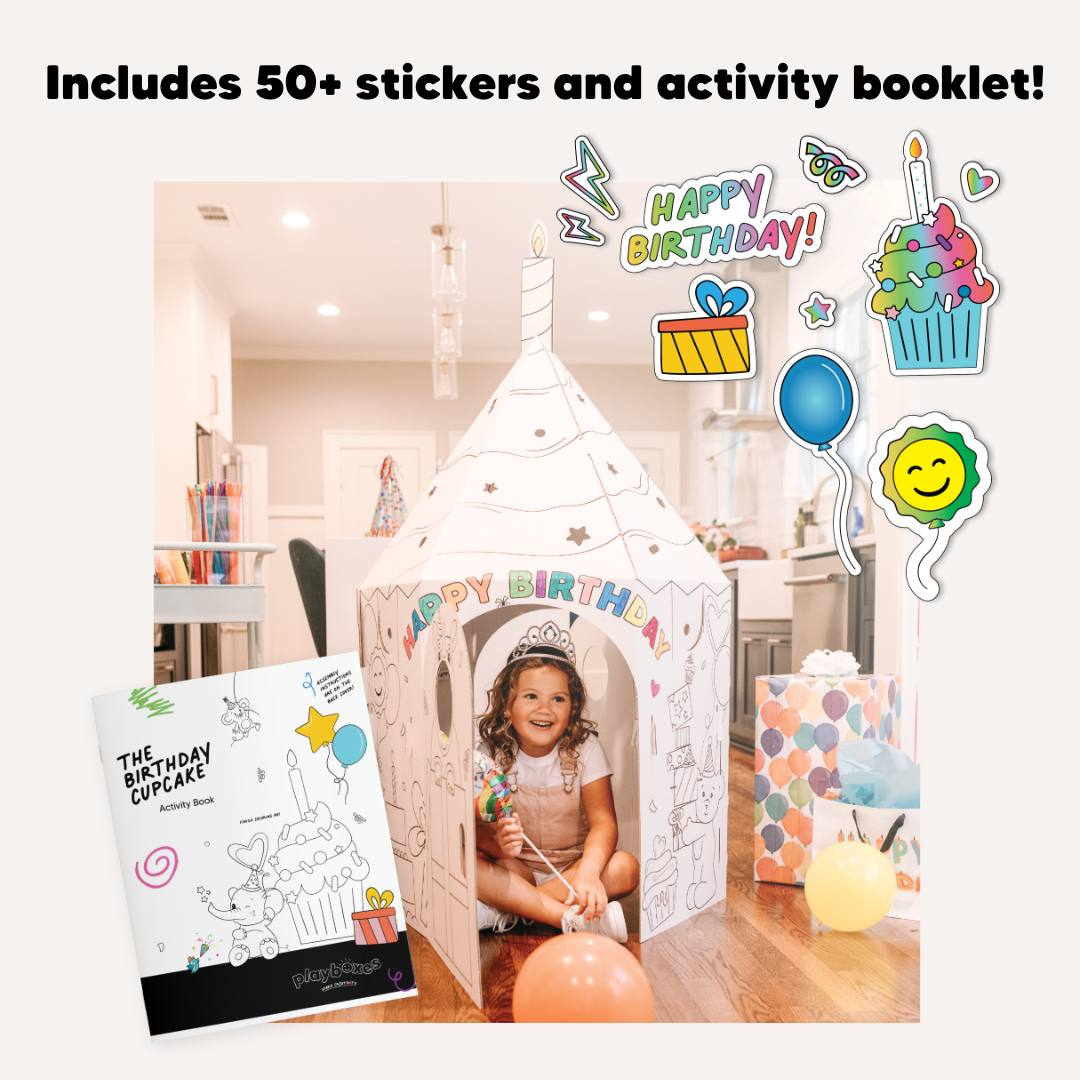 playboxes birthday cupcake image showing girl in cupcake playhouse with candle on top and shows the activity booklet and stickers that are included