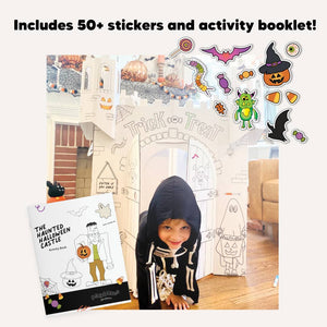 playboxes haunted house castle image showing boy in haunted house castle playhouse and shows the activity booklet and stickers that are included