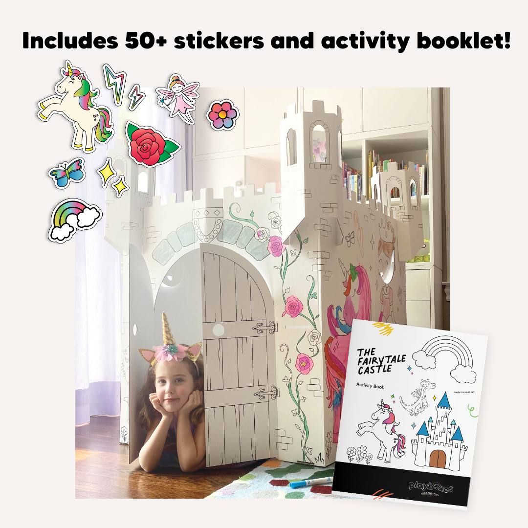 playboxes fairy tale castle image showing girl in princess unicorn playhouse and shows the activity booklet and stickers that are included